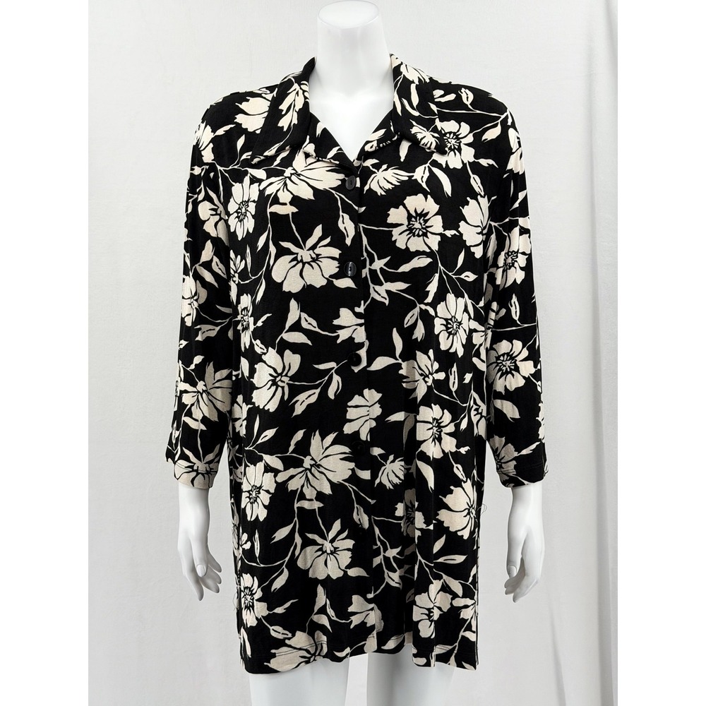 Slinky Brand Top Womens 2X Black Floral Button Up Stretch Long Sleeve Travel